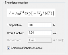 Section in the thermionic emission dialog box to define the model dependent parameters.